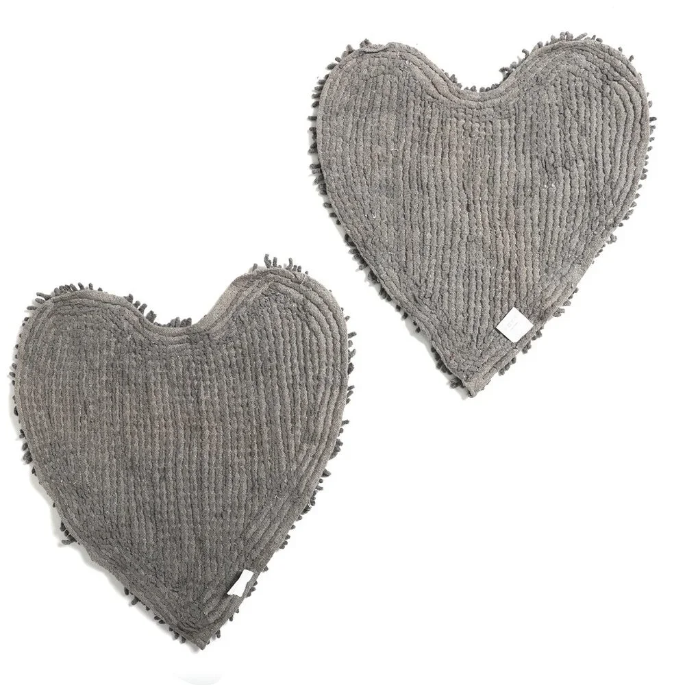 NEW Set of 2 Dark Grey Chenille Shaggy Heart Cotton Bath Mat with Anti Skid Back